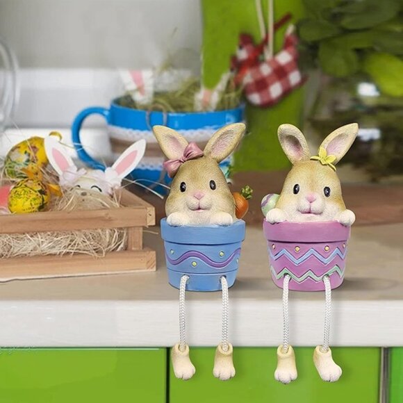 NEW Set of 2 Resin Pot Bunny Shelf Sitters with Dangling Legs - Picture 1 of 8